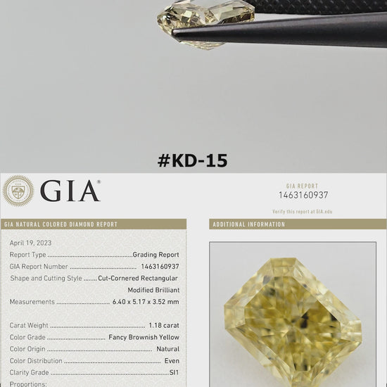 The yellow radiant diamond turns in tweezers and rests against fingertips for scale, alongside its GIA report details.