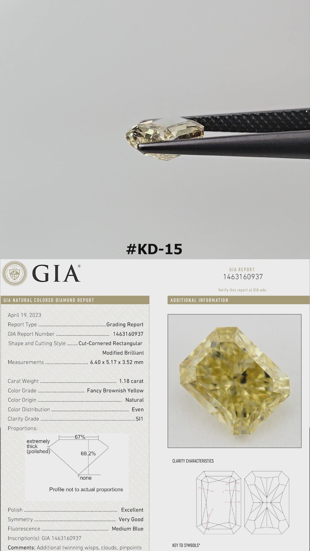 The yellow radiant diamond turns in tweezers and rests against fingertips for scale, alongside its GIA report details.