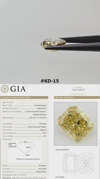 The yellow radiant diamond turns in tweezers and rests against fingertips for scale, alongside its GIA report details.