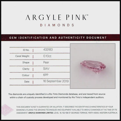 Argyle Certified 0.10ct 6PP Fancy Intense Pink Natural Argyle Pink Diamond Pear Brilliant
