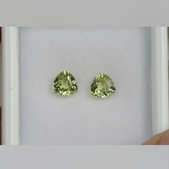 The exact two-stone sapphire pair in a white tray, followed by closer views showing movement and changing reflections.