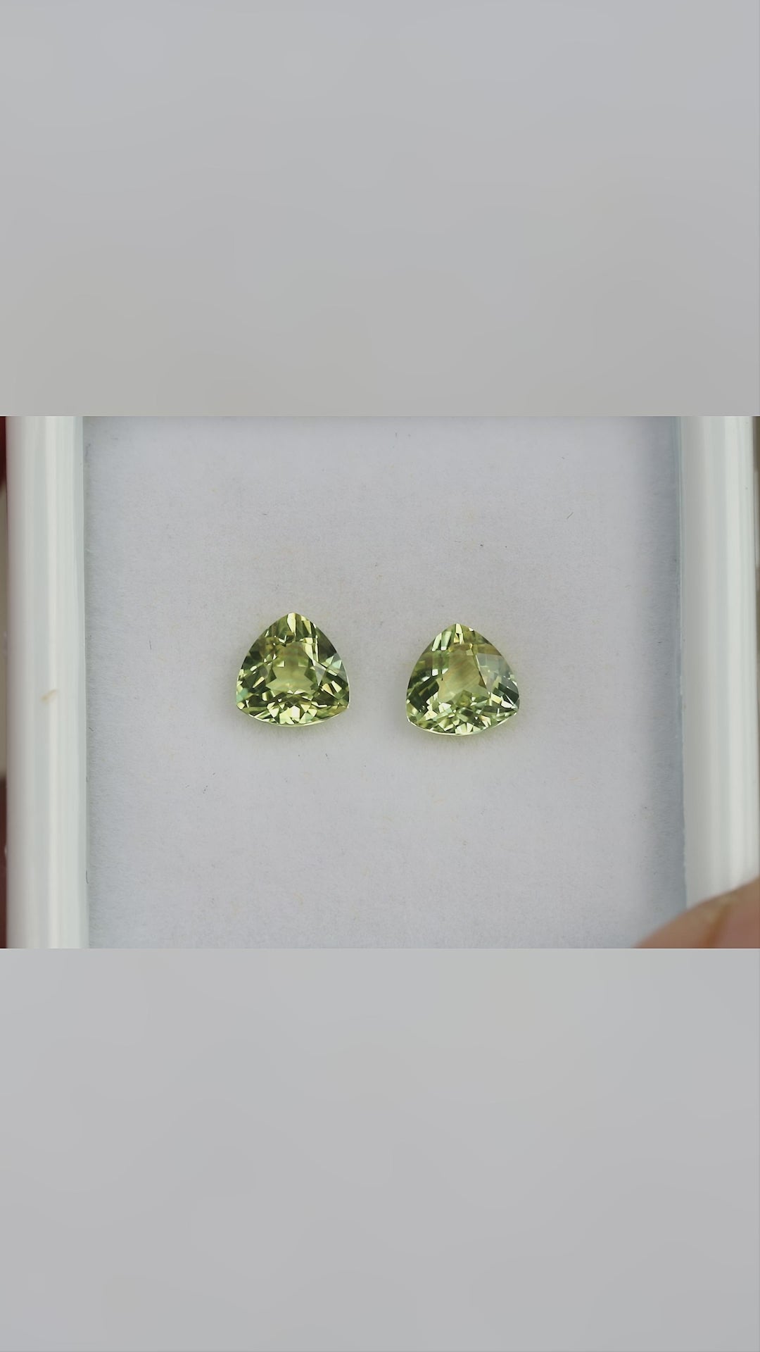 The exact two-stone sapphire pair in a white tray, followed by closer views showing movement and changing reflections.