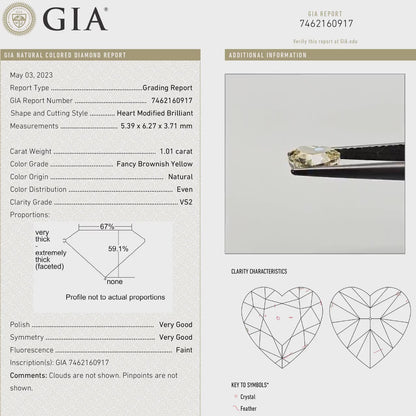 GIA Certified 1.01ct. Fancy Brownish Yellow Loose Natural Diamond Heart VS2 Untreated|Certificate|Genuine|Yellow Diamond