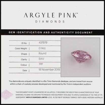 Argyle Certified 0.14ct 7PP Fancy Pink Natural Argyle Pink Diamond Round Diamond