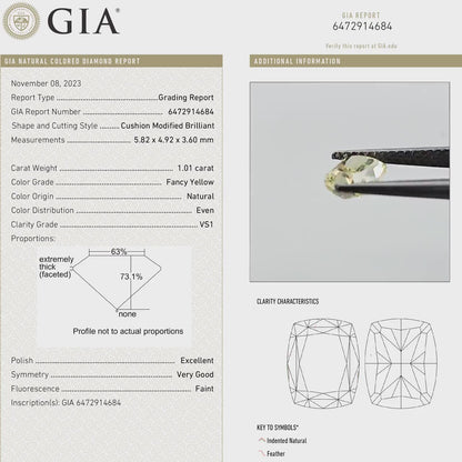 GIA Certified 1.01ct. Fancy Yellow Loose Natural Diamond Cushion VS1 Untreated|Certificate|Genuine|Yellow Diamond
