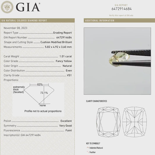GIA Certified 1.01ct. Fancy Yellow Loose Natural Diamond Cushion VS1 Untreated|Certificate|Genuine|Yellow Diamond