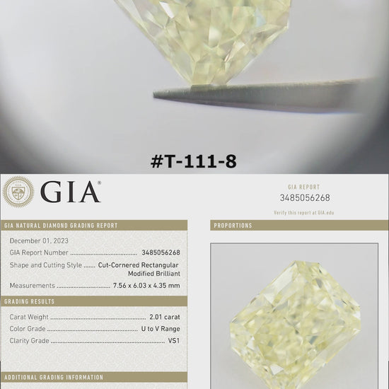 Yellow natural diamond rotating in tweezers and resting on fingertips for scale, with its corresponding GIA report beneath.