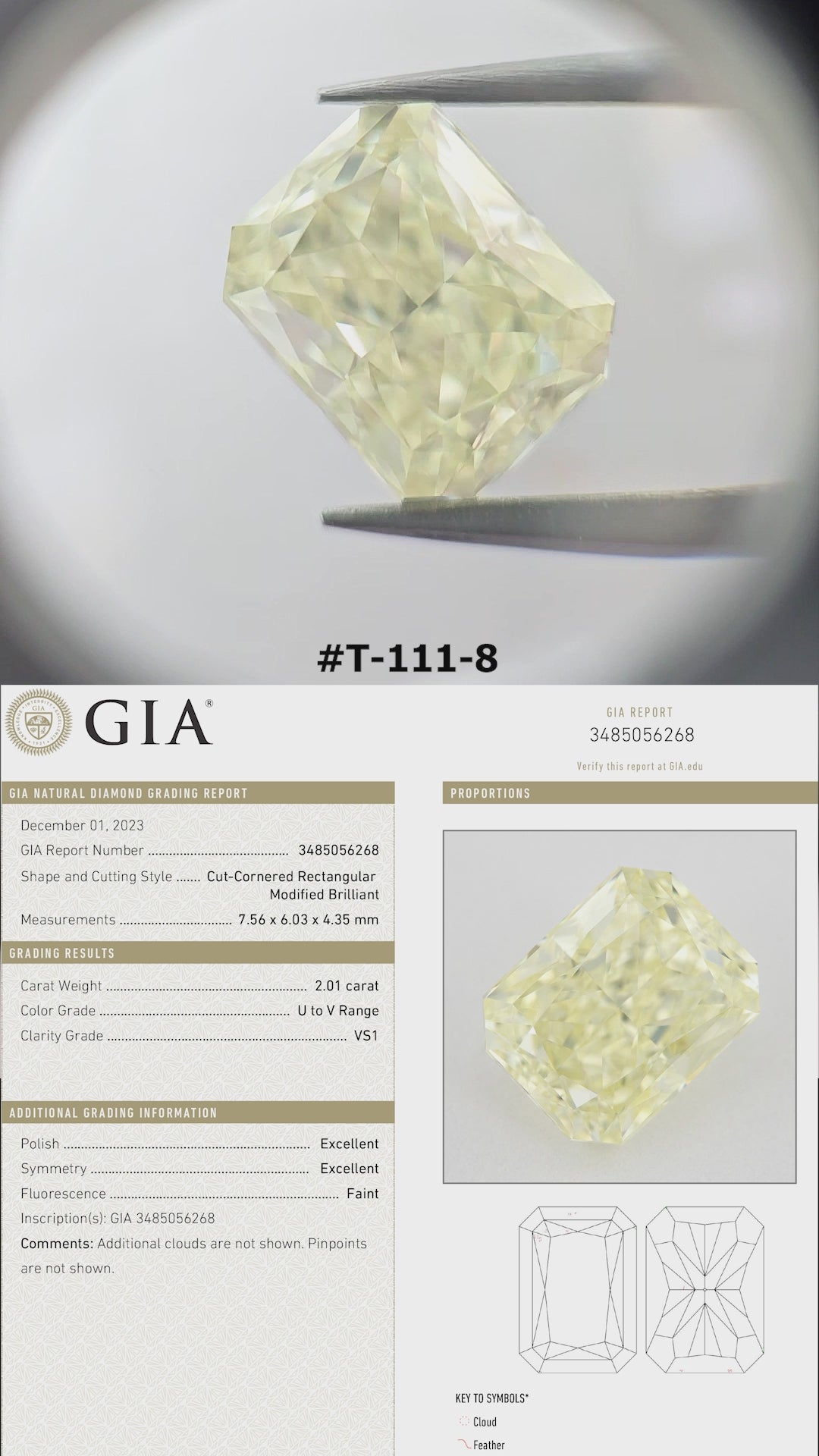 Yellow natural diamond rotating in tweezers and resting on fingertips for scale, with its corresponding GIA report beneath.