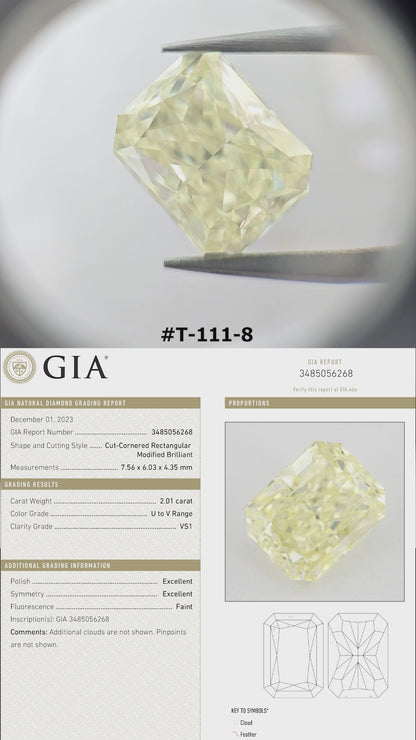 Yellow natural diamond rotating in tweezers and resting on fingertips for scale, with its corresponding GIA report beneath.