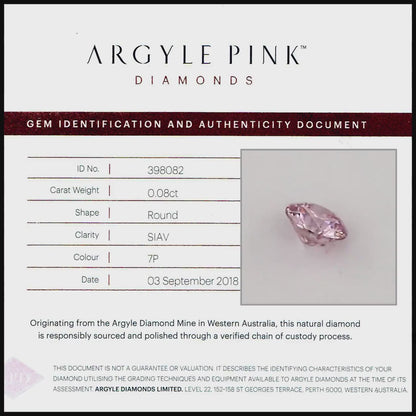 Argyle Certified 0.08ct 7P Fancy Pink Natural Argyle Pink Diamond Round Brilliant