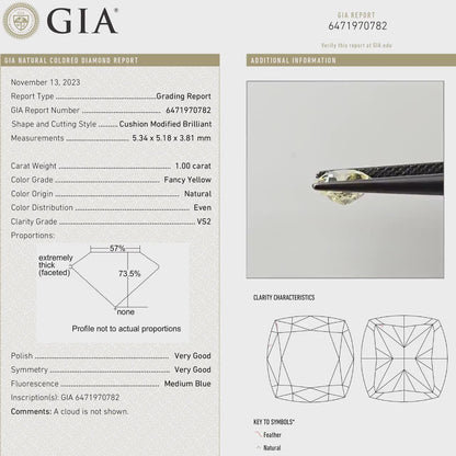 GIA Certified 1.00ct. Fancy Yellow Loose Natural Diamond Cushion VS2 Untreated|Certificate|Genuine|Yellow Diamond