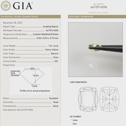 GIA Certified 1.01ct. Fancy Yellow Loose Natural Diamond Cushion VS1 Untreated|Certificate|Genuine|Yellow Diamond