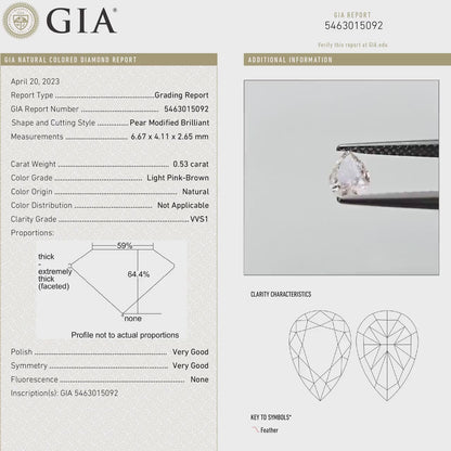 GIA Certified 0.53ct. Light Pink Brown Loose Natural Diamond Pear Drop VVS1 Untreated|Certificate|Genuine|Pink Diamond