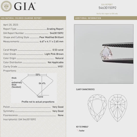 GIA Certified 0.53ct. Light Pink Brown Loose Natural Diamond Pear Drop VVS1 Untreated|Certificate|Genuine|Pink Diamond