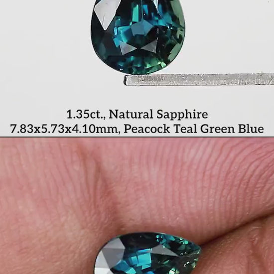 Blue-green pear sapphire turning in tweezers, alongside fingertip views and matching size labels.