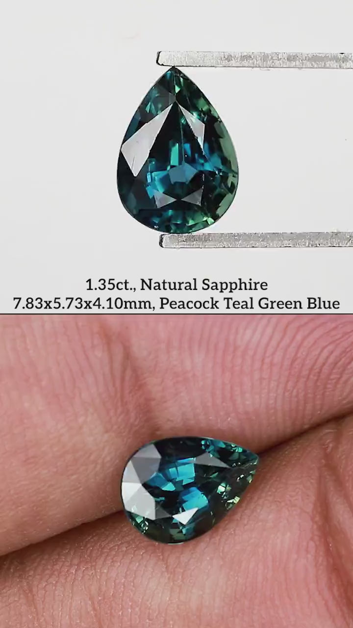 Blue-green pear sapphire turning in tweezers, alongside fingertip views and matching size labels.