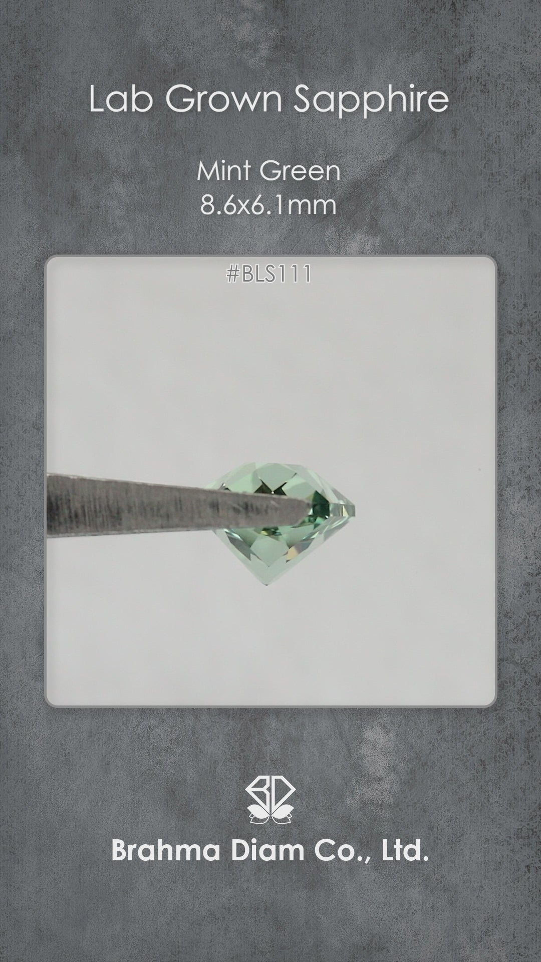 Video of BLS111 mint green lab-grown sapphire in tweezers, showing its facets and reflections as the viewing angle changes.