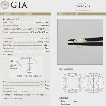 GIA Certified 1.01ct. Fancy Yellow Loose Natural Diamond Cushion VS1 Untreated|Certificate|Genuine|Yellow Diamond