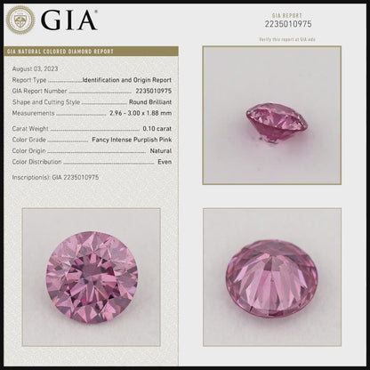 GIA Certified 0.10ct Fancy Intense Purplish Pink Natural Argyle Pink Diamond Round Brilliant VS2