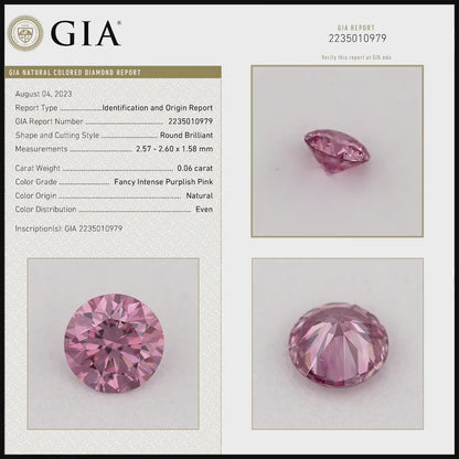 GIA Certified 0.06ct Fancy Intense Purplish Pink Natural Argyle Pink Diamond Round Brilliant VS2