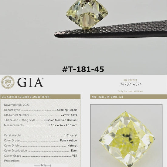 Video of the cushion-shaped yellow diamond T-181-45, shown between tweezers and on fingers from several angles.