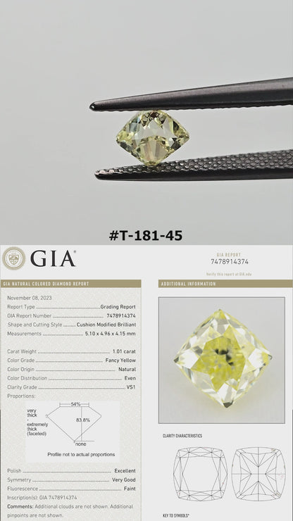 Video of the cushion-shaped yellow diamond T-181-45, shown between tweezers and on fingers from several angles.