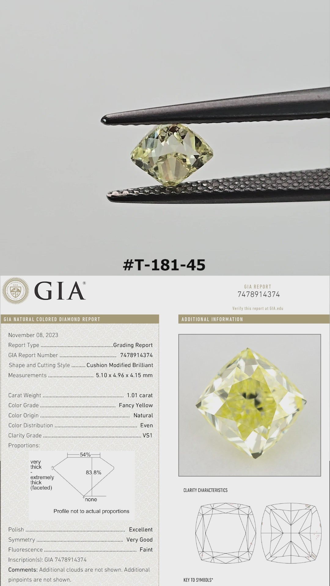 Video of the cushion-shaped yellow diamond T-181-45, shown between tweezers and on fingers from several angles.