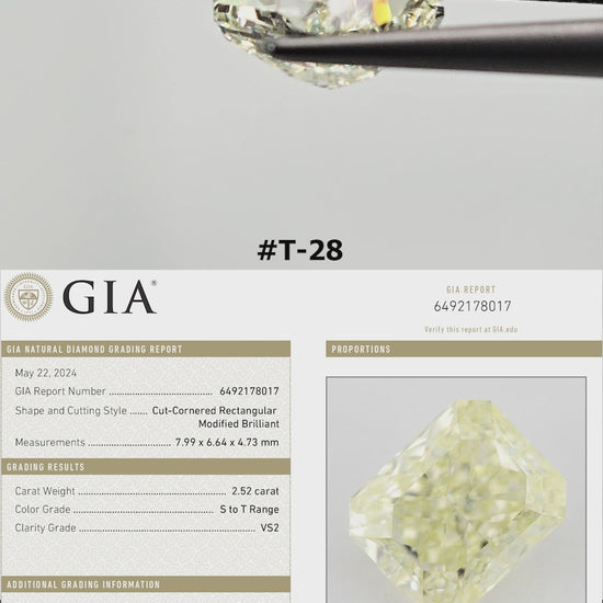 The yellow radiant diamond turns in tweezers and rests on fingertips for scale, with its GIA report panel.