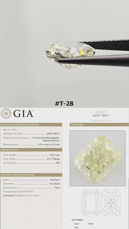 The yellow radiant diamond turns in tweezers and rests on fingertips for scale, with its GIA report panel.