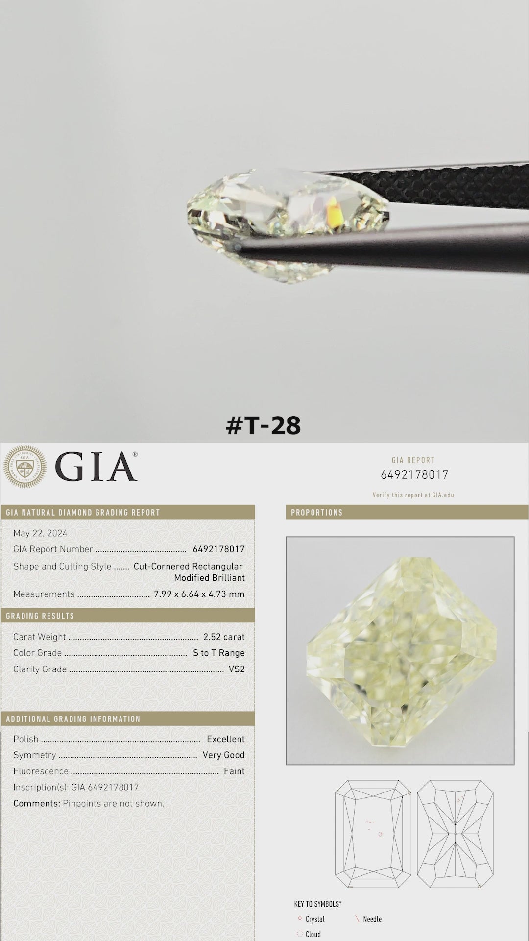 The yellow radiant diamond turns in tweezers and rests on fingertips for scale, with its GIA report panel.