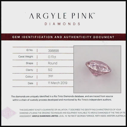 Argyle Certified 0.17ct 7PP Fancy Pink Natural Argyle Pink Diamond Round Brilliant