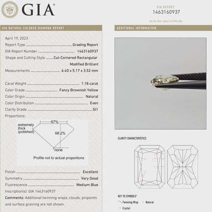 GIA Certified 1.18ct. Fancy Brownish Yellow Loose Natural Diamond Radiant Emerald SI1 Untreated|Certificate|Genuine|Yellow Diamond