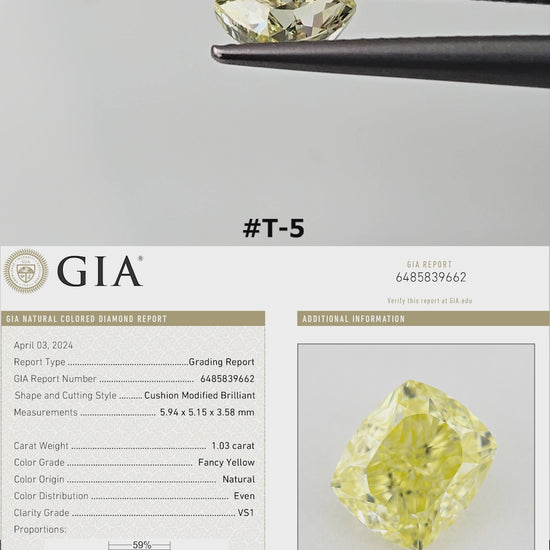 The yellow cushion diamond turns in tweezers and rests on fingertips for scale, with its GIA report panel.