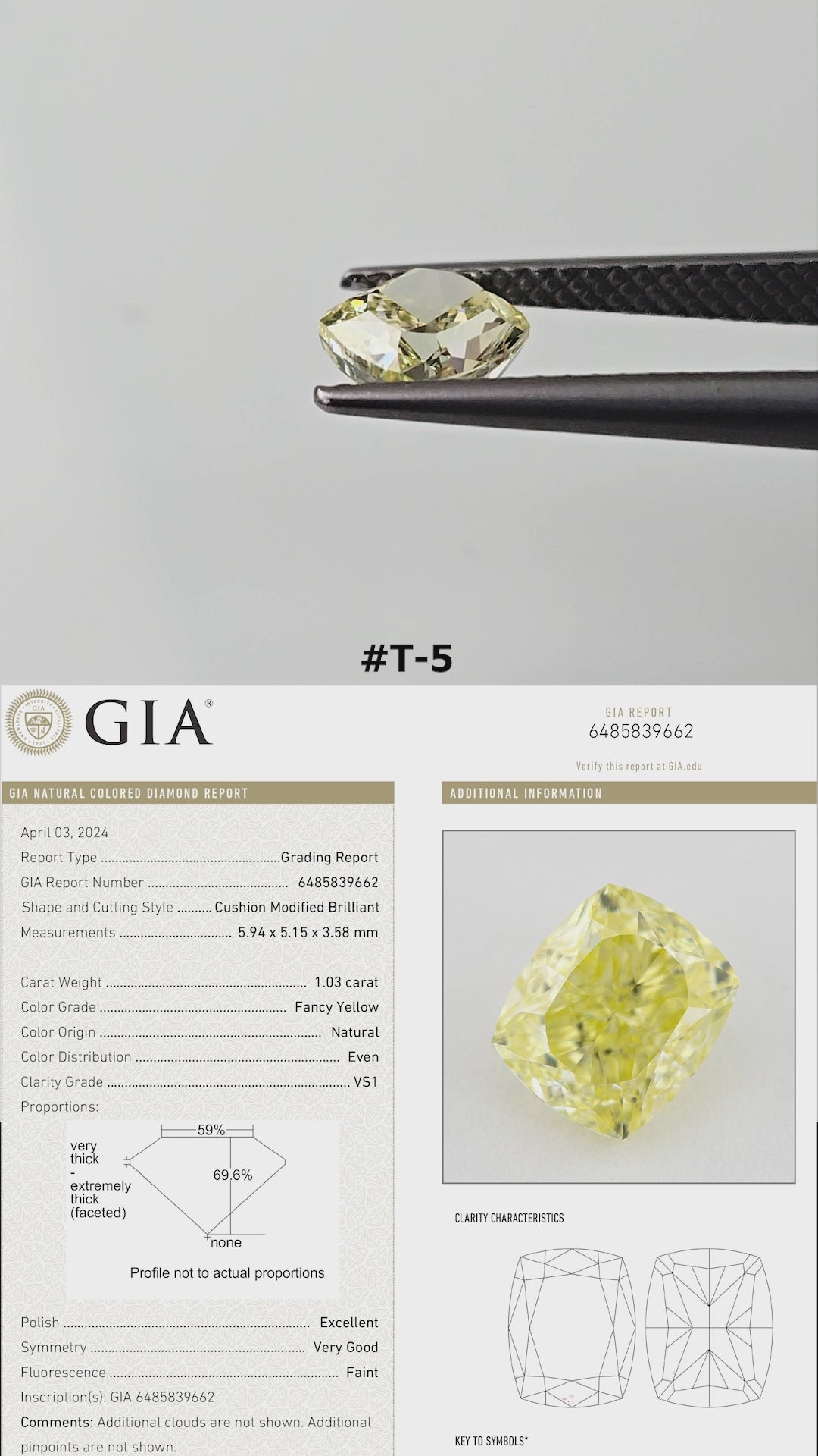 The yellow cushion diamond turns in tweezers and rests on fingertips for scale, with its GIA report panel.