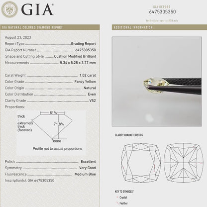 GIA Certified 1.02ct. Fancy Yellow Loose Natural Diamond Cushion VS2 Untreated|Certificate|Genuine|Yellow Diamond
