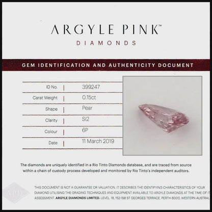 Argyle Certified 0.15ct 6P Fancy Intense Pink Natural Argyle Pink Diamond Pear Brilliant