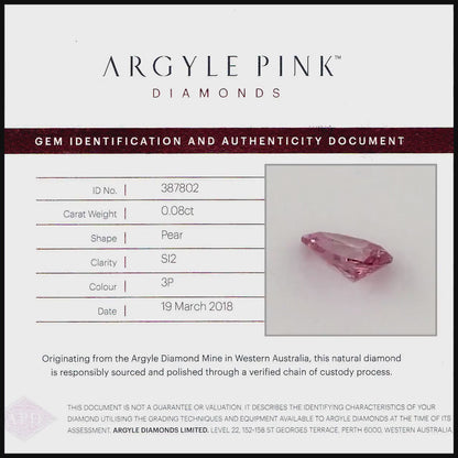 Argyle Certified 0.08ct 3P Fancy Vivid Pink Natural Argyle Pink Diamond Pear Brilliant