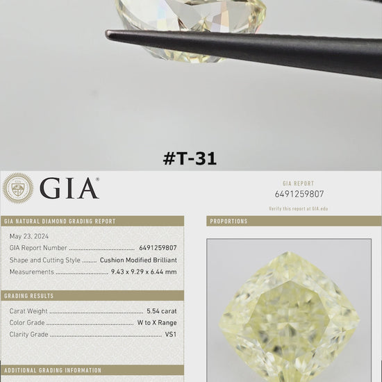 Video of the cushion-shaped yellow diamond T-31, shown between tweezers and on fingers from several angles.