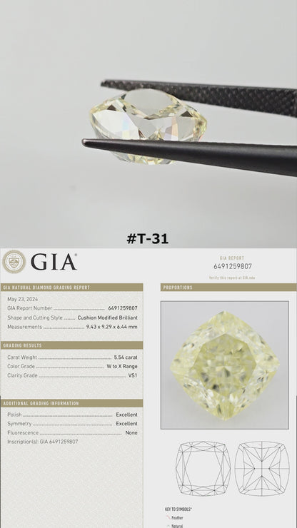 Video of the cushion-shaped yellow diamond T-31, shown between tweezers and on fingers from several angles.