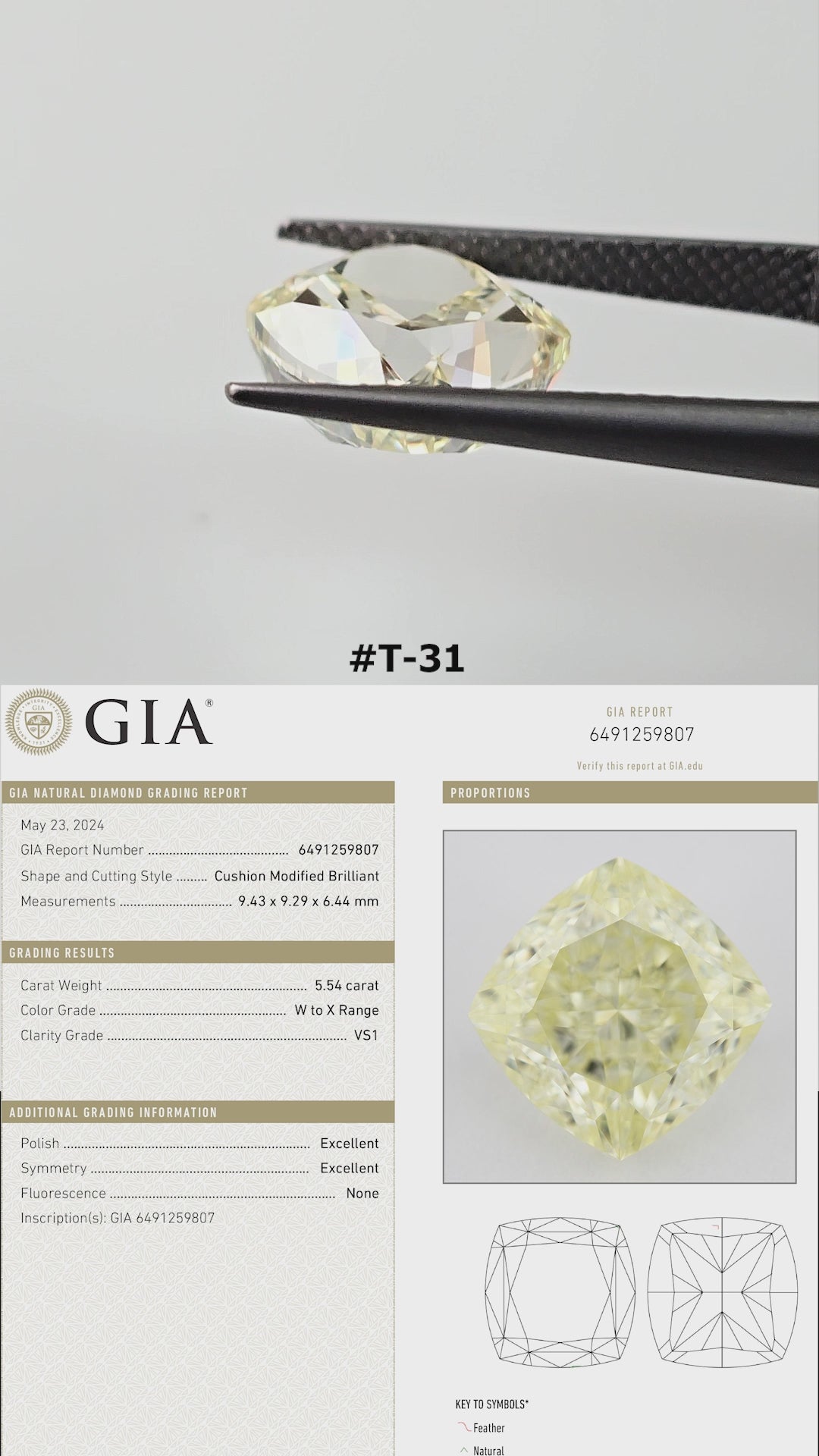 Video of the cushion-shaped yellow diamond T-31, shown between tweezers and on fingers from several angles.