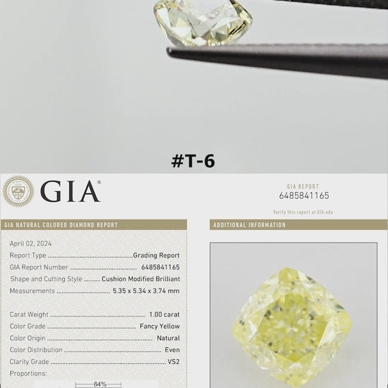 Video of the exact yellow cushion diamond T-6, shown from several angles.