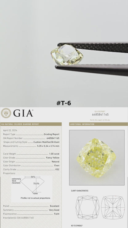 Video of the exact yellow cushion diamond T-6, shown from several angles.