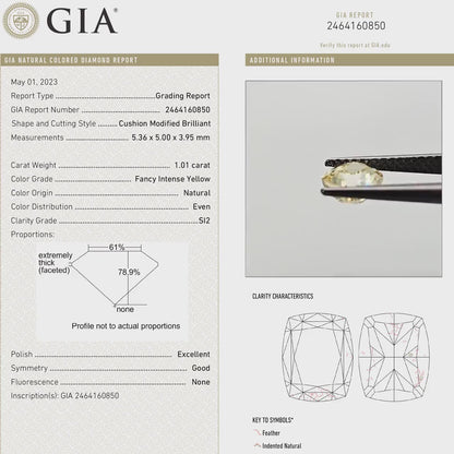 GIA Certified 1.01ct. Fancy Intense Yellow Loose Natural Diamond Cushion SI2 Untreated|Certificate|Genuine|Yellow Diamond