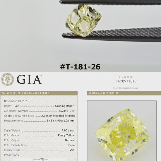 The yellow cushion diamond turns in tweezers through face-up and profile views, with its GIA report panel.