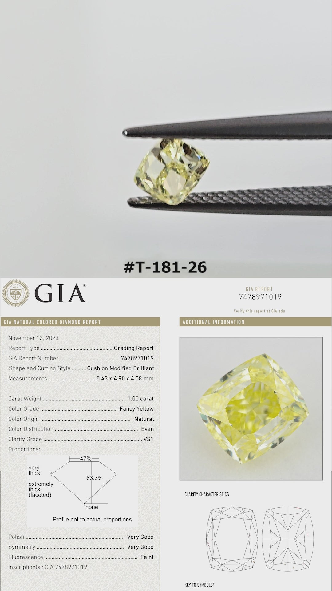 The yellow cushion diamond turns in tweezers through face-up and profile views, with its GIA report panel.