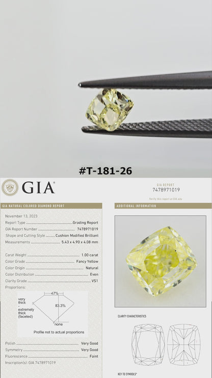 The yellow cushion diamond turns in tweezers through face-up and profile views, with its GIA report panel.
