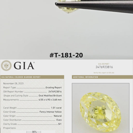 The yellow oval diamond turns in tweezers and rests on fingertips for scale, with its GIA report panel.