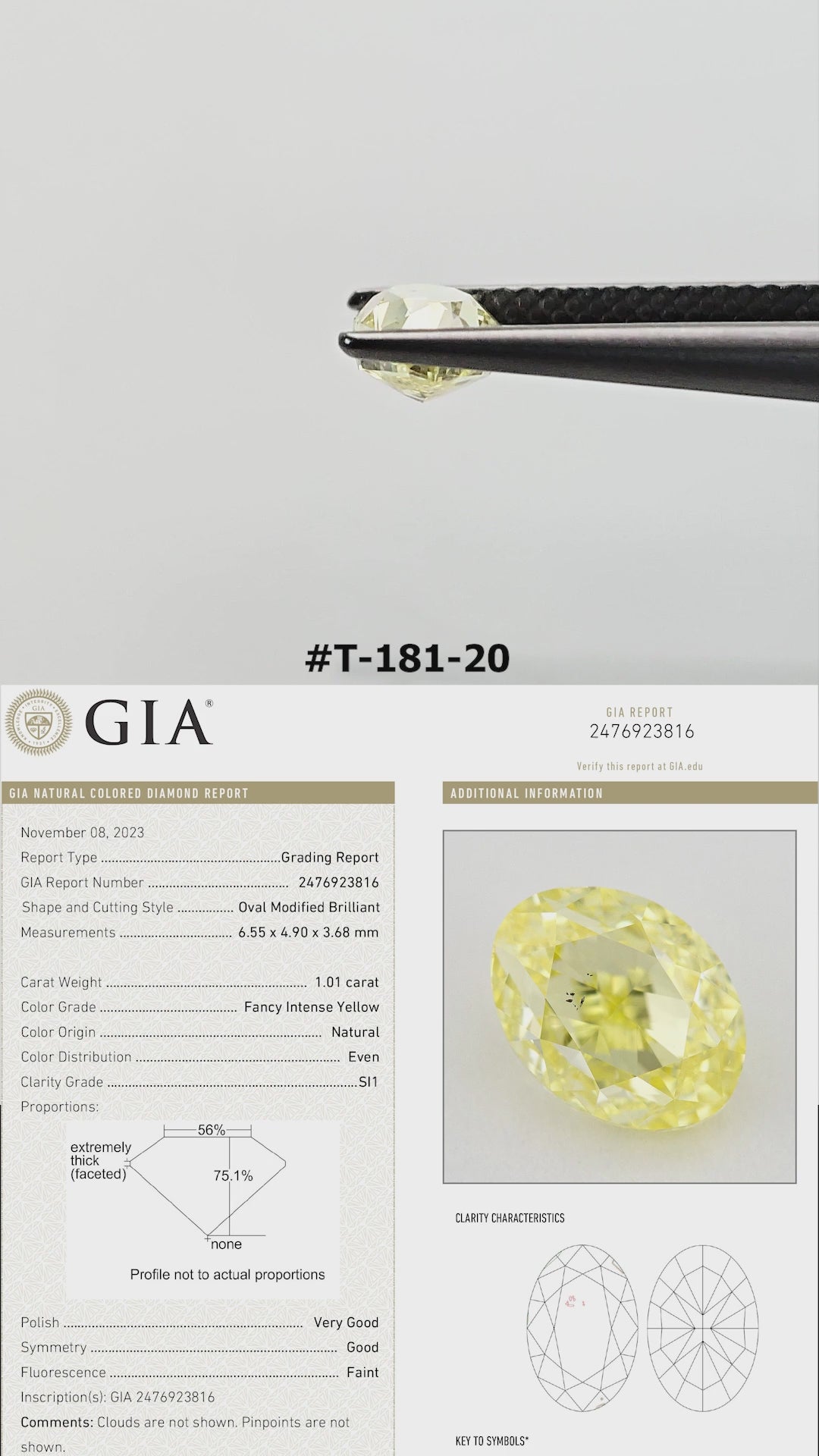 The yellow oval diamond turns in tweezers and rests on fingertips for scale, with its GIA report panel.