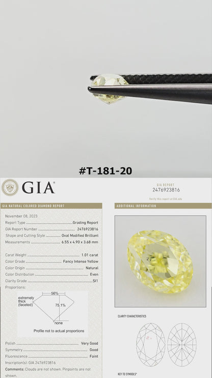 The yellow oval diamond turns in tweezers and rests on fingertips for scale, with its GIA report panel.
