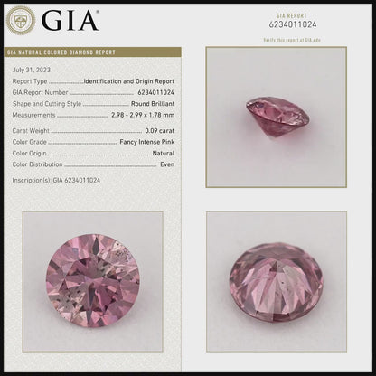 GIA Certified 0.09ct Fancy Intense Pink Natural Argyle Pink Diamond Round Brilliant SI2